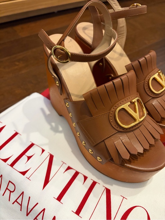 Valentino Garavani Shoes - Valentino Garavani Brown Leather Fringe Wedge Sandals with Gold V Logo